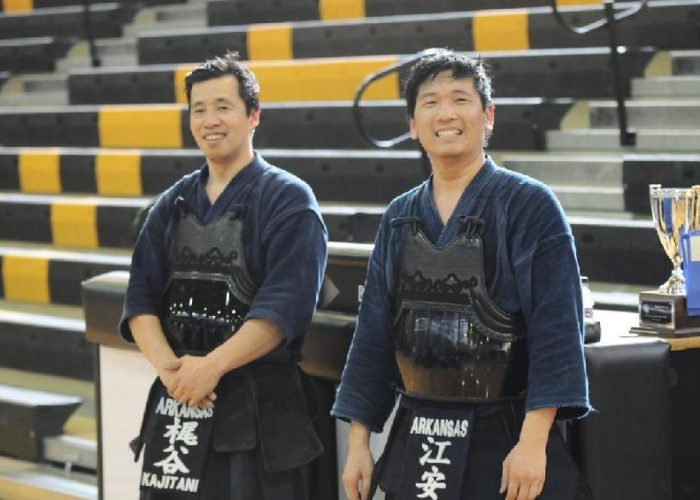 Kajitani Sensei (left) and Giang Sensei (right) of Arkansas Kendo Club at Nabeshima Cup in Texas
